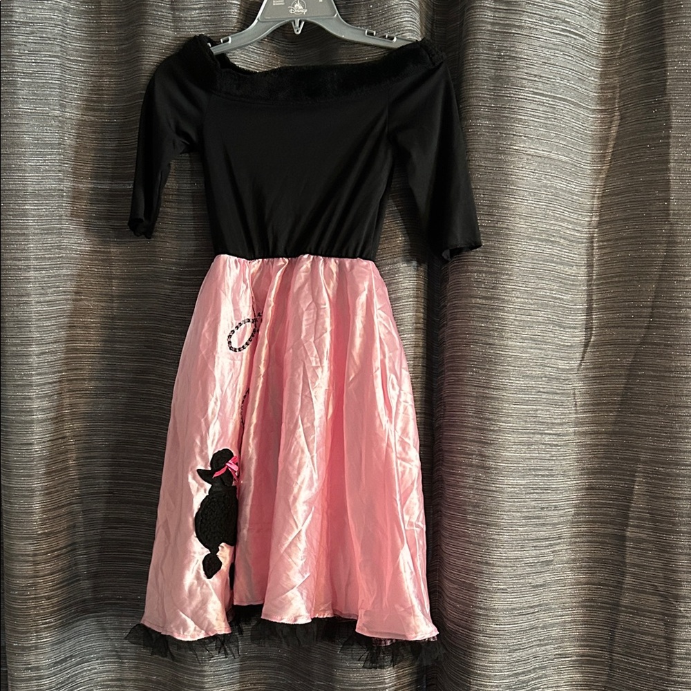 Black and Pink Off-Shoulder Dress with Poodle Design